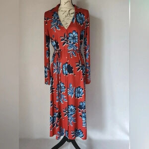ZARA Floral Knit Midi Shirt Dress Tie-Belt Button Long Sleeve Red Blue